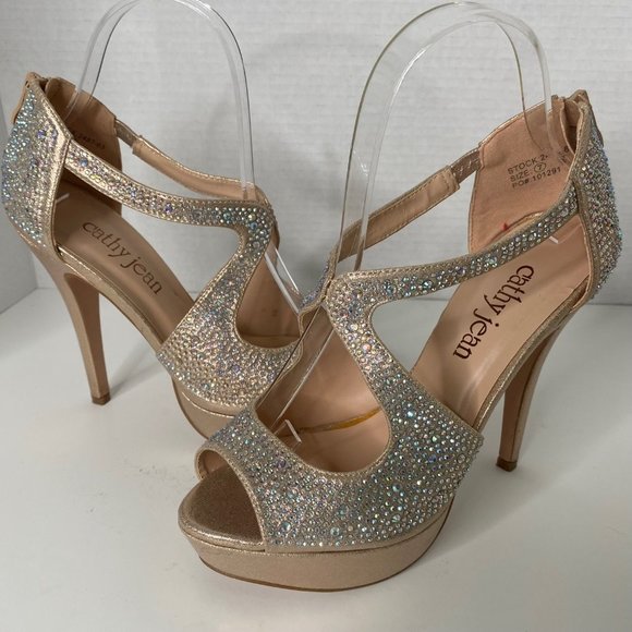 CATHY JEAN METALIC NUDE BEJEWELLED OPEN TOE HEELS  SIZE 7 WITH BOX - Picture 3 of 6